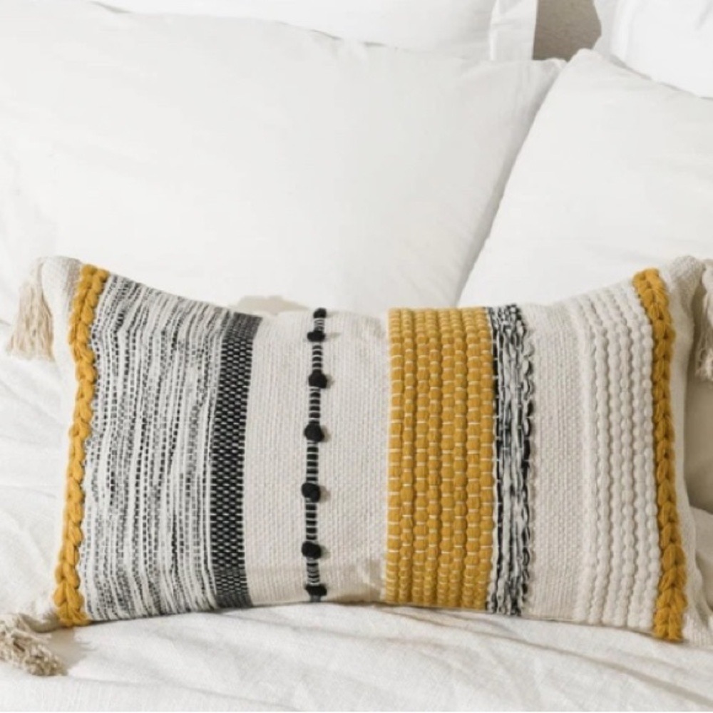 Bliss Blush Handmade Boho Yellow and Black Striped Pillow size 24x14 NWT